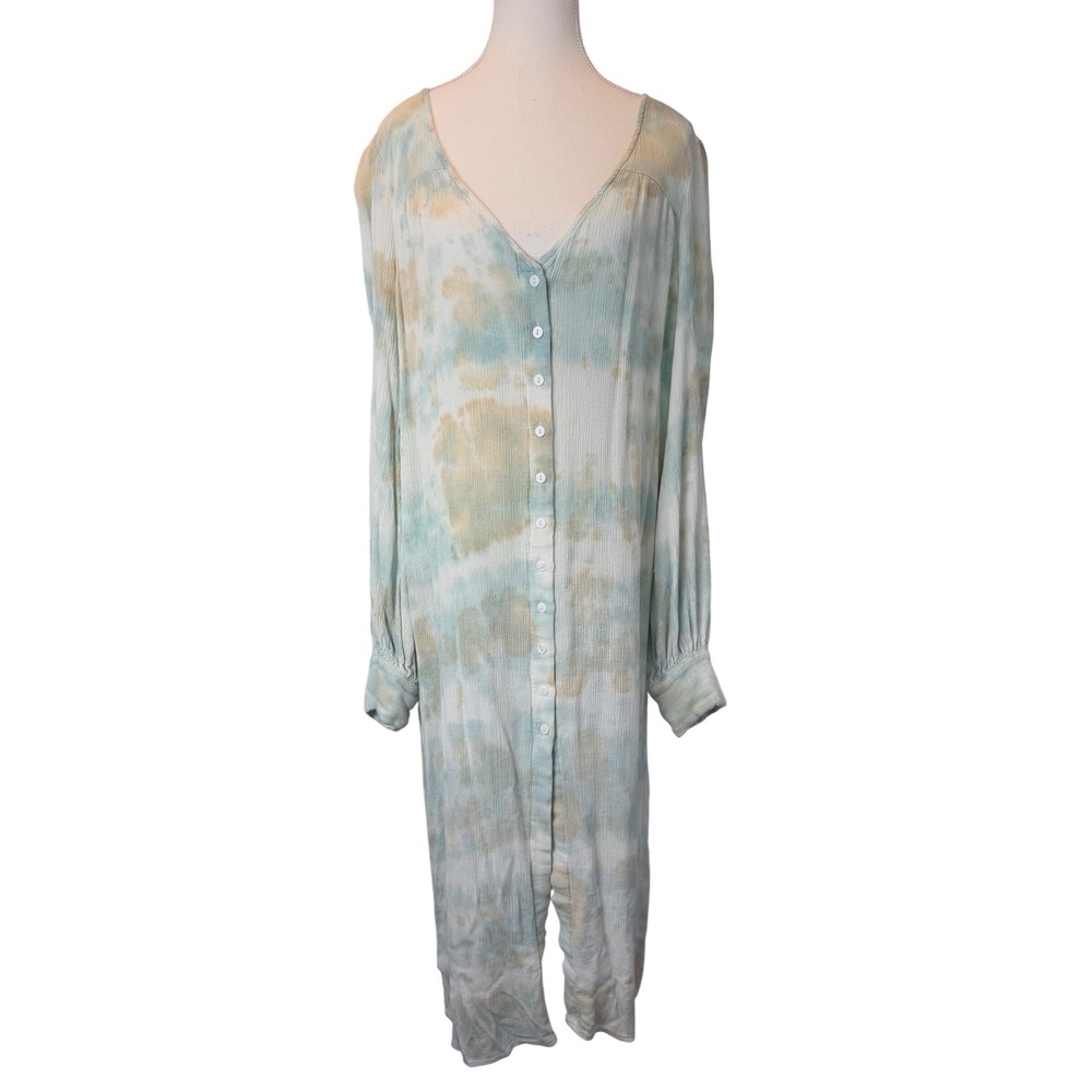 Lenni the Label Tie Dye Linen Blend Maxi Dress Sage Green Tan Medium Beachy Boho
